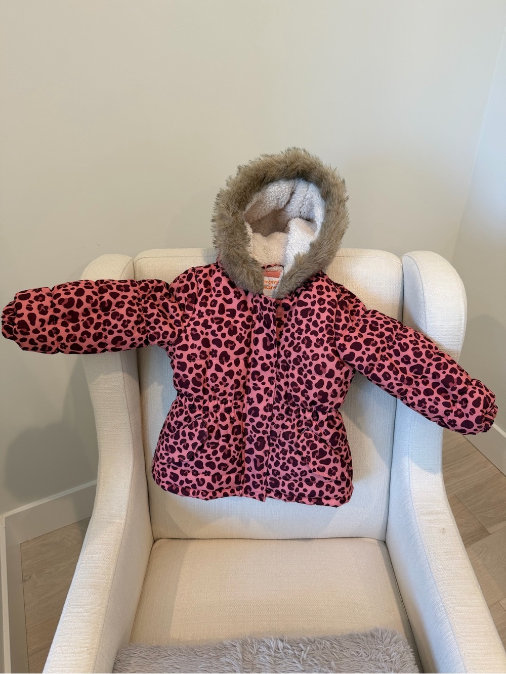 Jumping Beans 2T Pink Leopard Print Puffer Jacket with Faux Fur Hood